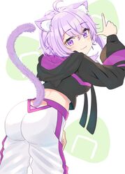  absurdres ahoge animal_ear_fluff animal_ears ass black_hoodie blush breasts cat_ears cat_girl cat_tail closed_mouth commentary cowboy_shot female finger_gun highres hololive hood hood_down hoodie large_breasts long_sleeves looking_at_viewer looking_back midriff nekomata_okayu nekomata_okayu_(1st_costume) panties pink_panties purple_eyes purple_hair smile solo symbol-only_commentary tail tail_raised tsumayouji_(tumayog) underwear virtual_youtuber 