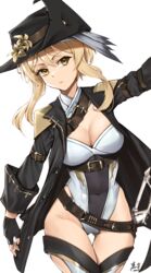  absurdres black_gloves black_hat black_jacket blush breasts cleavage commentary_request cowboy_shot female fingerless_gloves genshin_impact gloves hair_between_eyes hat highres jacket keisuke_desu~ large_breasts leotard long_sleeves lumine_(genshin_impact) open_clothes open_jacket parted_lips sidelocks simple_background solo standing thigh_gap white_background white_leotard yellow_eyes 