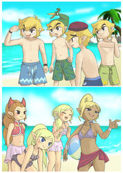  4boys 4girls ^_^ adapted_costume ahoge alternate_costume arms_behind_back ball beach beachball bent_over bikini bikini_skirt black_eyes blonde_hair blue_eyes blue_shorts blue_sky breasts cabbie_hat cleavage clenched_hand closed_eyes closed_mouth cloud cloudy_sky commentary cowboy_shot crop_top dark_skin day ezlo floral_print four_swords_adventures frilled_bikini frills green_headwear green_shorts half-closed_eyes hat highres leaning_forward link long_hair male_swimwear midriff multiple_boys multiple_girls multiple_persona navel ocean open_mouth orange_hair outdoors parted_bangs pink_bikini pointing pointy_ears ponytail princess_zelda purple_bikini red_headwear sarong short_hair shorts sky small_breasts smile smug stretching swim_trunks swimsuit tetra the_legend_of_zelda the_legend_of_zelda:_spirit_tracks the_legend_of_zelda:_the_minish_cap the_legend_of_zelda:_the_wind_waker thick_eyebrows toon_link toon_zelda topless_male usushira wrist_wrap wristband 