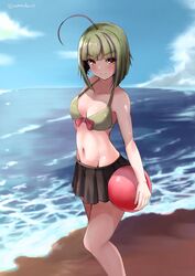  absurdres ahoge bad_id bad_twitter_id ball beach beachball bikini black_skirt blue_sky bob_cut cloud collarbone commentary_request cowboy_shot day female green_bikini green_hair groin highres horizon inverted_bob kantai_collection looking_at_viewer multicolored_hair navel numarinko ocean orange_eyes outdoors pleated_skirt purple_hair short_hair skirt sky solo standing streaked_hair swimsuit take_(kancolle) twitter_username 