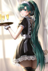  alcohol alternate_costume back_bow back_cutout black_dress black_ribbon black_thighhighs blurry blurry_background blush bow champagne closed_mouth clothing_cutout cup curtains delsaber dress drinking_glass earrings enmaided female fire_emblem fire_emblem:_the_blazing_blade frilled_dress frills from_behind green_eyes green_hair hair_ribbon high_ponytail highres holding holding_tray jewelry long_hair looking_at_viewer looking_back lyn_(fire_emblem) maid maid_headdress ponytail ribbon short_sleeves simple_background solo sparkle thighhighs thighs tray very_long_hair wavy_mouth wrist_cuffs zettai_ryouiki 