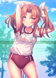  ahoge alternate_costume arms_up blue_sky blurry brown_hair buruma chain-link_fence cloud commentary_request cowboy_shot day depth_of_field female fence gym_uniform hair_ribbon ittokyu kagerou_(kancolle) kagerou_kai_ni_(kancolle) kantai_collection looking_at_viewer name_tag outdoors purple_eyes red_buruma ribbon sky solo standing tree twintails white_ribbon 