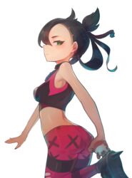  artistic_error ass black_hair black_nails bongnom breasts bright_pupils closed_mouth commentary_request cowboy_shot crop_top earrings female green_eyes hair_between_eyes highres holding holding_poke_ball jewelry long_hair looking_at_viewer marnie_(pokemon) midriff nail_polish pants pink_pants poke_ball pokemon pokemon_swsh profile shoes simple_background small_breasts smile solo spiked_shoes spikes standing standing_on_one_leg twintails twisted_torso white_background white_pupils wrong_hand 