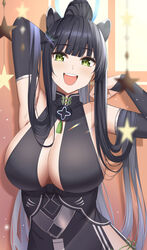  animal_ears armpits arms_up bare_shoulders black_dress black_hair blue_archive blunt_bangs blush breasts bridal_gauntlets cleavage commentary_request dress female gaitoou green_eyes highres large_breasts long_hair looking_at_viewer open_mouth ponytail shun_(blue_archive) sideboob solo upper_body 