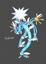  alternate_color character_name claws commentary_request full_body grey_background highres nigiri_(ngr24) no_humans pokemon pokemon_(creature) shiny_pokemon signature simple_background solo spikes standing xurkitree 