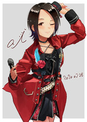  absurdres belt black_choker black_hair black_shirt black_skirt blue_feathers breasts brown_eyes character_name choker cleavage closed_mouth collarbone corsage dated earrings feathers female flower grey_background hand_up hat highres holding holding_microphone idolmaster idolmaster_cinderella_girls idolmaster_cinderella_girls_starlight_stage jacket jewelry long_sleeves medium_breasts microphone mini_hat nito_(ninjin) one_eye_closed open_clothes open_jacket pleated_skirt red_flower red_jacket red_rose rose shirt short_hair skirt smile solo togo_ai white_belt 