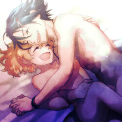  1boy :d ^_^ arm_around_waist bed_sheet blue_hair bracelet breasts brown_hair closed_eyes completely_nude couple female freyja_wion hair_ornament hairclip hayate_immelmann hk_(nt) holding_hands interlocked_fingers jewelry lens_flare lying macross macross_delta nude on_back on_side open_mouth short_hair small_breasts smile spiked_hair straight underboob 