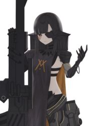  absurdres adeline_(girls&#039;_frontline) arm_up black_dress black_hair breasts closed_mouth dress eyepatch facial_mark female girls&#039;_frontline grey_eyes gun highres holding holding_gun holding_weapon lips long_hair looking_at_viewer mechanical_arms mechanical_legs metal_eyepatch nyto_(girls&#039;_frontline) paradeus sidelocks solo standing thomas_8000 weapon white_background 