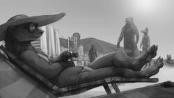  16:9 2021 anthro beach bikini building canid canine city clothed clothing container cup day eyewear female fur glasses greyscale group hat headgear headwear holding_container holding_cup holding_object ipoke male mammal monochrome mountain mustelid otter outside reclining seaside solo_focus standing sunglasses swimwear widescreen 