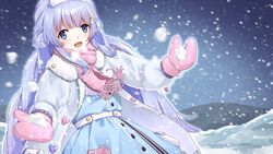  :d belt blue_dress blue_eyes blunt_bangs breath coat crescent crescent_hair_ornament double_bun dress female fur-trimmed_coat fur_trim grey_coat hair_bun hair_ornament hat highres kagutsuchi_(victoragna) long_hair looking_at_viewer mirutani_nia mittens night noripro nurse nurse_cap open_clothes open_coat open_mouth outdoors outstretched_arms pink_mittens pink_scarf purple_hair scarf smile snow snowing solo star_(symbol) upper_body very_long_hair virtual_youtuber white_belt white_hat winter_clothes winter_coat 