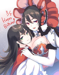  2girls bare_shoulders black_choker black_hair bonnet breasts cape choker cleavage closed_mouth dated dress dual_persona elbow_gloves fang_out fur-trimmed_gloves fur_trim gloves green_eyes gucchiann hair_between_eyes happy_birthday highres illya_(princess_connect!) illya_(real)_(princess_connect!) large_breasts long_hair looking_at_viewer multiple_girls oerba_yun_fang open_mouth princess_connect! red_cape red_dress red_eyes shirt small_breasts smile v-shaped_eyebrows white_gloves white_shirt 