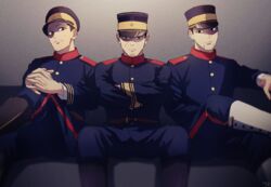  3boys belt black_eyes black_footwear black_hair blue_headwear blue_jacket blue_pants brown_belt buttons closed_mouth collared_jacket commentary_request couch crossed_arms crossed_legs facial_hair figure_four_sitting gaiters golden_kamuy grey_background hat imperial_japanese_army indoors jacket kepi light long_sleeves looking_at_viewer makeup male_focus military military_hat military_uniform mole multiple_boys ogata_hyakunosuke own_hands_together pants serious short_hair simple_background sitting smile star_(symbol) stubble tr_(lauralauraluara) tsukishima_hajime two-tone_headwear uniform usami_tokishige yellow_eyes yellow_headwear 