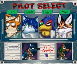  6:5 absurd_res anthro avian bird blaster canid canine english_text falco_lombardi felid feline female fox fox_mccloud freefox group hi_res interface krystal_(star_fox) lynx male mammal metal_slug miyu_(star_fox) nintendo parody star_fox text 