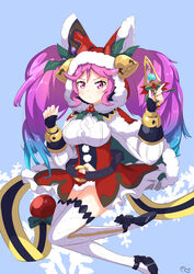  :&lt; basukechi belt blue_hair capelet cleo_(dragalia_lost) dagger dragalia_lost female fur_trim hat hat_bell highres holding holding_dagger holding_knife holding_weapon knife long_hair long_sleeves looking_at_viewer multicolored_hair navel official_alternate_costume pink_eyes pink_hair red_hat santa_hat skirt snowflakes solo thighhighs twintails two-tone_hair weapon white_skirt white_thighhighs 