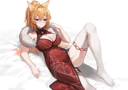  absurdres animal_ears blonde_hair breasts china_dress chinese_clothes cleavage cleavage_cutout clothing_cutout commission dress ellin_meiji feather_boa female foot_out_of_frame hair_between_eyes hand_up highres knee_up large_breasts long_hair molyb no_panties original ponytail red_dress simple_background sleeveless sleeveless_dress solo thighhighs white_background white_thighhighs 