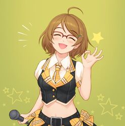  ahoge belt black_belt black_jacket brown_hair closed_eyes commentary crop_top cropped_jacket female glasses hair_ornament hairclip highres holding holding_microphone idolmaster idolmaster_cinderella_girls idolmaster_cinderella_girls_starlight_stage jacket microphone midriff mole navel necktie ok_sign open_mouth shirt short_hair short_sleeves smile solo starry_background symbol-only_commentary tempura_man tsuchiya_ako white_shirt yellow_background yellow_necktie 