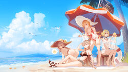  4girls algerie_(azur_lane) algerie_(white_sand_paradise)_(azur_lane) all_fours anchor_earrings arm_strap ass azur_lane backless_swimsuit bad_id bad_twitter_id beach beach_umbrella bikini bird blue_choker blue_sky breasts brown_bikini brown_hair choker commentary_request criss-cross_halter cutoff_jeans cutoffs day drill_hair drill_sidelocks earrings flower gladiator_sandals halterneck hat hat_flower high_heels highleg highleg_bikini highleg_swimsuit innertube jean_bart_(azur_lane) jean_bart_(private_apres_midi)_(azur_lane) jeanne_d&#039;arc_(azur_lane) jeanne_d&#039;arc_(saintess_of_the_sea)_(azur_lane) jewelry large_breasts layered_bikini leaning_forward long_hair looking_at_viewer manjuu_(azur_lane) medium_breasts micro_shorts multi-strapped_bikini multiple_girls official_alternate_costume one-piece_swimsuit open_clothes open_shorts orange_hair outdoors palm_tree pink_one-piece_swimsuit purple_eyes red_eyes richelieu_(azur_lane) richelieu_(fleuron_of_the_waves)_(azur_lane) sand sandals sea_nami see-through see-through_sleeves shorts side-tie_swimsuit sidelocks sitting sky standing starfish straw_hat sun_hat swim_ring swimsuit toeless_footwear tree umbrella water white_bikini white_bird white_headwear white_innertube 