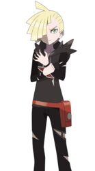  1boy ahoge asatsuki_(fgfff) bag black_pants blonde_hair closed_mouth collarbone commentary_request ear_piercing fanny_pack frown gladion_(pokemon) hair_over_one_eye hand_on_own_wrist highres hood hood_down hoodie long_sleeves looking_at_viewer male_focus orange_bag pants piercing pokemon pokemon_sm solo standing torn_clothes torn_hoodie torn_pants transparent_background 