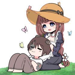  1boy apron barefoot black_gloves blue_eyes blush brown_hair bug butterfly closed_eyes commander_(last_origin) commentary_request daphne_(last_origin) dress elflorri feet female gloves hat korean_commentary lap_pillow last_origin looking_at_viewer smile straight sun_hat 