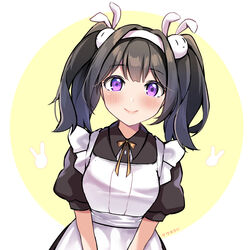  apron black_dress black_hair blush bow bowtie breasts closed_mouth dress dutch_angle female hair_intakes hair_ornament highres long_hair looking_at_viewer maid maid_apron medium_breasts original puffy_short_sleeves puffy_sleeves purple_eyes rabbit_hair_ornament sasha_chii short_sleeves simple_background smile solo twintails two-tone_background upper_body v_arms white_apron white_background yellow_background yellow_bow yellow_bowtie 