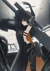  absurdres adeline_(girls&#039;_frontline) arm_behind_head black_dress black_hair breasts closed_mouth dress eyepatch facial_mark feet_out_of_frame female girls&#039;_frontline grey_eyes gun hand_up highres holding holding_gun holding_weapon long_hair looking_at_viewer mechanical_arms mechanical_legs metal_eyepatch nyto_(girls&#039;_frontline) paradeus simple_background solo standing thomas_8000 weapon weapon_on_back 