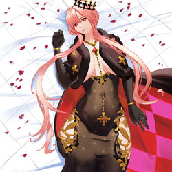  absurdres argyle_cape argyle_clothes azur_lane bed_sheet black_cape black_dress black_gloves breasts brown_hair cape cleavage clemenceau_(azur_lane) closed_mouth collarbone commentary covered_navel cross crown dress elbow_gloves female fur-trimmed_cape fur_trim gloves gold_necklace h0shiidesu hair_between_eyes hand_up highres hip_vent jewelry large_breasts long_hair looking_at_viewer lying necklace on_back paid_reward_available petals red_cape red_eyes rose_petals shadow sidelocks smile solo strapless strapless_dress tight_clothes tight_dress two-sided_cape two-sided_fabric two-tone_cape wristlet 