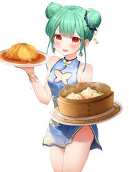  :d absurdres alternate_costume bamboo_steamer baozi blue_dress blue_hair blush bracelet breasts china_dress chinese_clothes cleavage_cutout clothing_cutout commentary_request cowboy_shot double_bun dress dumpling earrings female food gradient_hair green_hair hair_bun hair_ornament highres holding holding_plate hololive jewelry looking_at_viewer multicolored_hair open_mouth pepushi_drow plate red_eyes short_dress short_hair simple_background skull_earrings small_breasts smile solo standing teeth tenshindon upper_teeth_only uruha_rushia virtual_youtuber white_background 