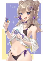  aa-12_(girls&#039;_frontline) aa-12_(smokeless_lollipop)_(girls&#039;_frontline) absurdres ahoge bags_under_eyes bikini black_bikini blue_eyes breasts candy clothes_lift double_bun earrings female food girls&#039;_frontline hair_bun highres holding holding_candy holding_food holding_lollipop jewelry lifting_own_clothes light_brown_hair lollipop long_hair navel off-shoulder_shirt off_shoulder official_alternate_costume sakana-ko shirt shirt_lift short_sleeves side-tie_bikini_bottom small_breasts solo star_(symbol) star_earrings swimsuit white_shirt 