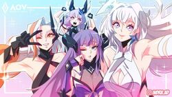  4girls arena_of_valor breasts cleavage cleavage_cutout clothing_cutout diaochan_(arena_of_valor) dress huge_breasts indra_ad instagram_username large_breasts liliana_(arena_of_valor) looking_at_viewer multicolored_hair multiple_girls one_eye_closed open_mouth orange_eyes purple_dress purple_eyes see-through see-through_cleavage sinestrea_(arena_of_valor) smile source_request v v_over_eye white_dress yena_(arena_of_valor) 