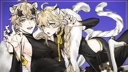  2boys aether_(genshin_impact) alternate_costume animal_ears black_pants blonde_hair blue_background blush braid chinese_zodiac claw_pose detached_sleeves ear_piercing earrings fake_horns genshin_impact green_eyes hair_between_eyes headband highres horned_headwear horns jewelry long_hair looking_at_viewer male_focus multiple_boys nail_polish oerba_yun_fang open_mouth orange_eyes pants pectorals piercing ring simple_background single_braid single_earring skin_fang sleeveless sonomi tail thoma_(genshin_impact) tiger_boy tiger_ears tiger_tail year_of_the_tiger 