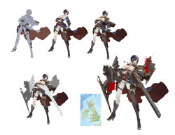  ark_royal_(azur_lane) ark_royal_(retrofit)_(azur_lane) asymmetrical_footwear azur_lane black_footwear blue_coat boots breasts cleavage coat concept_art female framed_breasts gloves gold_trim gun hair_over_one_eye high_heels highres holding holding_gun holding_weapon large_breasts mkiiiiii multiple_views official_alternate_costume pants purple_hair rifle rigging shell_casing short_hair single_thigh_boot steampunk thigh_boots thighhighs weapon white_background white_gloves white_pants 