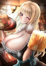  ;q absurdres barmaid beer_mug black_dress blonde_hair blue_ribbon blurry blurry_background bread breasts choker cleavage collarbone commentary_request cup dirndl dress female food frilled_dress frills froth german_clothes highres huge_breasts long_hair mug one_eye_closed original red_eyes ribbon solo sweat tongue tongue_out torishu_(kumataka_4867) 