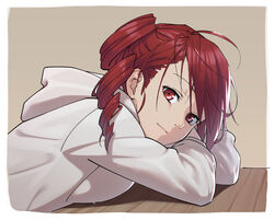  bad_id bad_pixiv_id drill_hair female half-closed_eyes head_rest hood hoodie kasane_teto leaning_forward light_smile looking_at_viewer red_eyes red_hair sidelighting sitting solo table upper_body utau white_hoodie wooden_table yasutange 