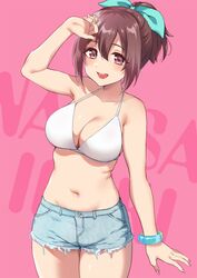  :d arm_at_side bikini bikini_top_only blue_bow blue_shorts blush bow brown_hair character_name collarbone cowboy_shot cutoffs denim denim_shorts dot_nose female hair_between_eyes hairbow hand_up highres ibuki_nagisa idoly_pride legs_together looking_at_viewer navel open_mouth pink_background pink_eyes plum_(arch) shading_eyes short_hair short_ponytail short_shorts shorts sidelocks simple_background smile solo stomach swimsuit teeth thick_thighs thighs upper_teeth_only white_bikini 