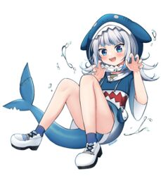  :d animal_hood blue_eyes blue_hoodie blue_nails blunt_bangs blush claw_pose convenient_leg cross-laced_clothes female fins fish_bone fish_tail flat_chest floating full_body gawr_gura gawr_gura_(1st_costume) gradient_clothes grey_hair highres hololive hololive_english hood hood_up hoodie knees_up long_hair looking_ahead multicolored_hair nail_polish open_mouth sasha_chii shark_girl shark_hood shark_tail sharp_teeth short_sleeves simple_background sitting smile solo splashing streaked_hair tail teeth v-shaped_eyebrows virtual_youtuber water white_background white_footwear wide_sleeves 