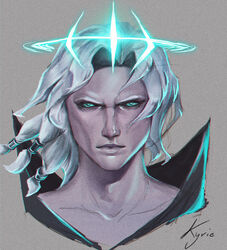  1boy absurdres close-up closed_mouth collarbone commentary_request crown facing_viewer forehead glowing glowing_crown green_eyes halo highres league_of_legends male_focus realistic short_hair signature simple_background solo tied_hair valkyrie_(ekpk5223) viego_(league_of_legends) white_hair 