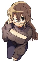  alternate_costume ashigara_(kancolle) bespectacled breasts brown_eyes brown_hair cleavage cleavage_cutout closed_mouth clothing_cutout female glasses higaragi highres kantai_collection large_breasts long_hair long_sleeves looking_at_viewer oerba_yun_fang one_eye_closed pants ribbed_sweater simple_background skin_fang sleeves_past_wrists solo sweater turtleneck turtleneck_sweater white_background 