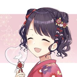  :d ^_^ absurdres black_hair blush closed_eyes commentary_request double_bun facing_viewer fangs female floral_print from_side fukumaru_koito hair_bun hair_ornament hand_up heart highres holding idolmaster idolmaster_shiny_colors japanese_clothes kimono mochiko_(uyu_omochi) open_mouth pink_background print_kimono red_kimono smile solo swept_bangs transparent two-tone_background upper_body white_background 