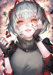  1boy absurdres ahoge arknights black_gloves black_jacket black_scarf blush breasts cameo chibi chinese_commentary controller dated detonator doctor_(arknights) explosion eyelashes female fingerless_gloves gloves grey_hair grey_shirt hand_on_own_cheek hand_on_own_face highres horn_ornament horns jacket looking_at_viewer medium_breasts multicolored_hair nail_polish oerba_yun_fang open_clothes open_jacket open_mouth orange_eyes red_hair red_nails remote_control scarf shirt short_hair signature slit_pupils smile solo_focus spade-m streaked_hair two-tone_hair upper_body w_(arknights) 