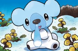  :d bear blue_sky commentary cubchoo day english_commentary eo_kanako flower full_body looking_at_viewer no_humans official_art open_mouth outdoors pokemon pokemon_(creature) pokemon_tcg sitting sky smile snow solo third-party_source 