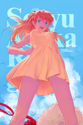  :d animal artist_name bird blue_eyes blue_sky breasts breasts_apart bystander character_name cloud commentary day dress english_commentary english_text female from_below hand_on_own_hip hat headgear highres interface_headset long_hair looking_down medium_breasts neon_genesis_evangelion open_mouth orange_hair sky sleeveless sleeveless_dress smile solo souryuu_asuka_langley standing straw_hat sundress teeth twitter_username upper_teeth_only yellow_dress 