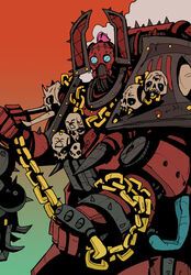  1boy adeptus_astartes armor chains chaos_(warhammer) chaos_space_marine commentary darkmechanic green_background highres holding holding_chain khorne khorne_berserker male_focus multicolored_background pauldrons power_armor red_armor red_background shoulder_armor skull solo warhammer_40k world_eaters 