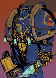  1boy adeptus_astartes armor blue_armor blue_background bolter chains chaos_(warhammer) chaos_space_marine commentary dagger darkmechanic helmet highres holding holding_dagger holding_knife holding_weapon knife male_focus multicolored_background power_armor purple_background rubric_marine shoulder_armor thousand_sons tzeentch warhammer_40k weapon 