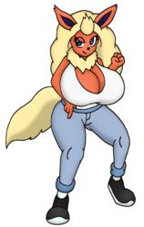  alpha_channel anthro big_breasts big_hair breasts canid canine cleavage clothed clothing cyberkaku eeveelution female flareon generation_1_pokemon hair hand_on_hip hi_res huge_breasts mammal nintendo pokemon pokemon_(species) ruby_(sturk-fontaine) solo 