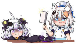  2girls ahoge animal_ear_fluff animal_ears bailingxiao_jiu beret black_bow blue_ribbon bow braid collared_shirt commentary flying_sweatdrops fox_ears fox_hair_ornament glint hair_ornament hair_tie hairbow hand_up hat holding holding_knife kitchen_knife knife long_hair low_twintails multiple_girls original purple_eyes ribbon shirt short_sleeves simple_background symbol-only_commentary tentacle trembling turn_pale twintails white_background white_hair white_headwear white_shirt 