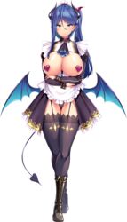  apron areola_slip arms_under_breasts ascot blue_eyes blue_hair boku_ga_incubus_ni_naru_tame_ni_kyou_kara_succubus_to_lesson_shimasu boots breastless_clothes breasts cross-laced_footwear demon_girl demon_horns demon_tail demon_wings female full_body garter_straps hair_between_eyes heart_pasties horns huge_breasts long_hair long_sleeves looking_at_viewer low_wings non-web_source official_art pasties photoshop_(medium) selam_(boku_ga_incubus_ni_naru_tame_ni_kyou_kara_succubus_to_lesson_shimasu) shiokonbu showgirl_skirt solo tachi-e tail thighhighs transparent_background wings 