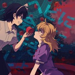  2girls apple apple_tree black_hair black_skirt blonde_hair bow brown_eyes dateless_bar_&quot;old_adam&quot; dress food fruit grin headband holding holding_food holding_fruit long_hair maribel_hearn medium_hair multiple_girls open_mouth purple_dress re_ghotion red_bow shirt skirt smile touhou tree usami_renko white_headband white_shirt yellow_eyes 