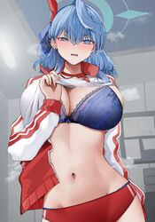  absurdres ako_(blue_archive) ako_(track)_(blue_archive) blue_archive blue_bra blue_eyes blue_hair blue_panties bra breasts buruma cleavage clothes_lift commentary_request female gym_shirt gym_uniform hair_between_eyes hairband halo highres indoors large_breasts lifting_own_clothes long_hair long_sleeves looking_at_viewer navel official_alternate_costume panties panty_peek red_buruma san_(harutuki_3) shirt shirt_lift sidelocks solo stomach underwear undressing 