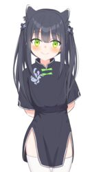  animal_ear_fluff animal_ears arms_behind_back black_dress black_hair blue_archive blunt_bangs blush china_dress chinese_clothes dress female green_eyes highres long_hair mikeran5648 short_sleeves shun_(blue_archive) shun_(small)_(blue_archive) simple_background smile solo thighhighs thighs tiger_ears tiger_girl twintails white_background white_thighhighs 