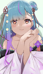  absurdres bad_id bad_pixiv_id blue_hair blush closed_mouth collarbone commentary_request female gradient_hair green_background hair_bun hands_up highres hololive icehotmilktea long_hair looking_at_viewer multicolored_hair off_shoulder official_alternate_costume official_alternate_hair_length official_alternate_hairstyle own_hands_together pink_hair purple_hair red_eyes single_hair_bun single_side_bun smile solo streaked_hair uruha_rushia uruha_rushia_(new_year) virtual_youtuber 